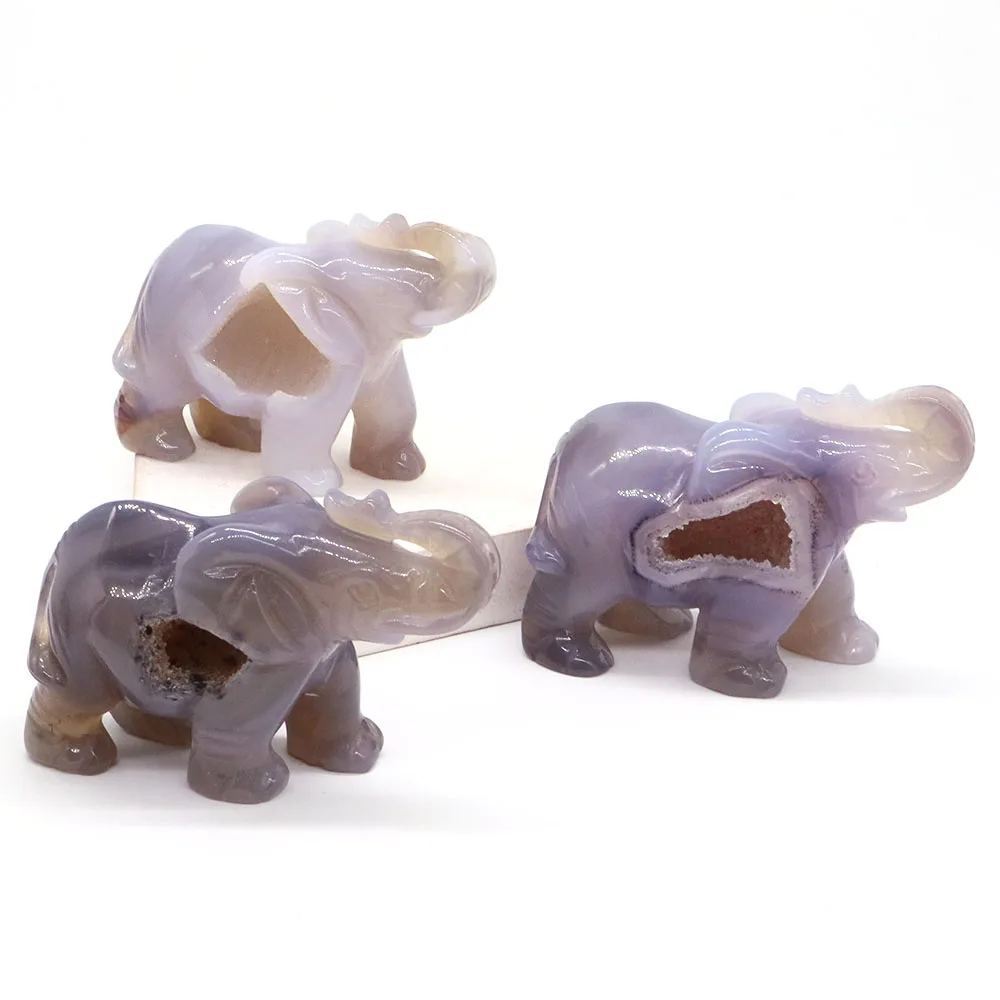 Elephant Statue Natural Gray Agate Geode Crystal Carved Reiki Healing Stone Animal Figurine Handicraft Home Decoration Ornaments