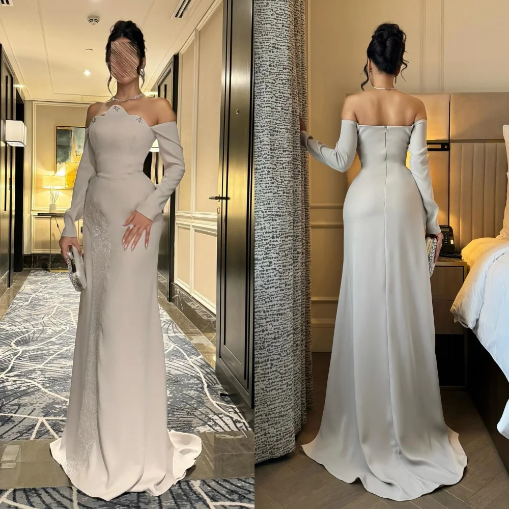 Customized Formal Modern Style Jersey Rhinestone Sequined A-line Off-the-shoulder Long Dresses Bespoke Occasion Dresses Elegant