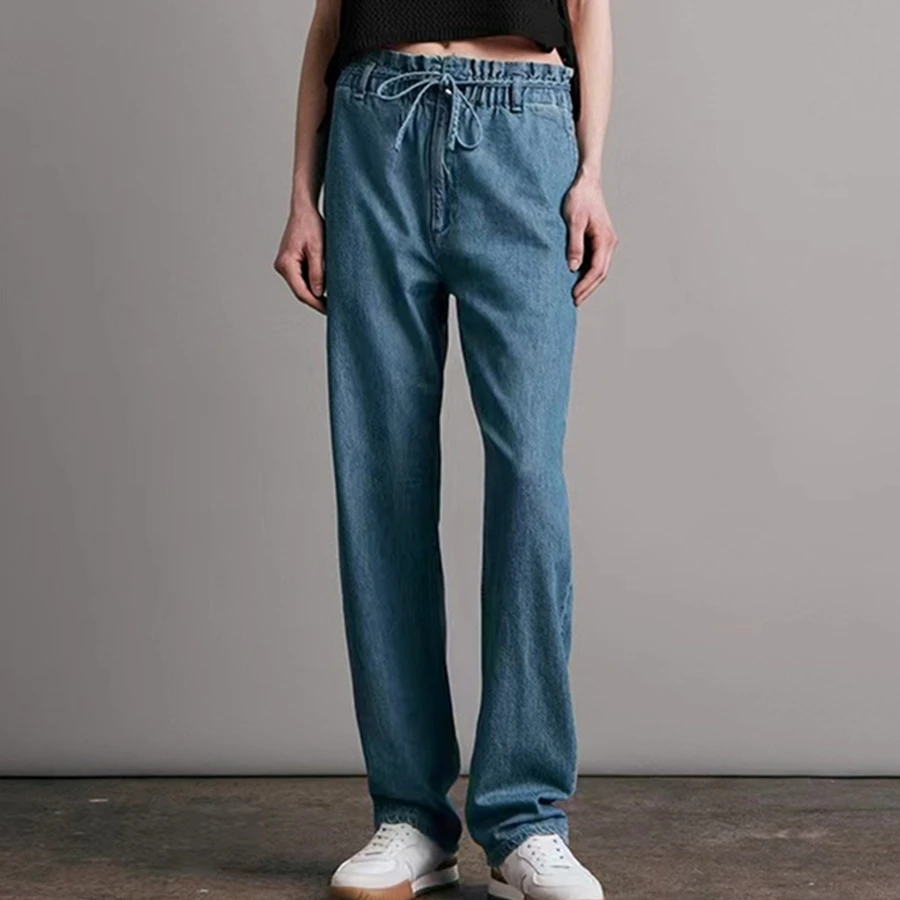 

Maxdutti Denim Blue2026 Summer Ice Skin Elastic Waist Casual Straight Leg Jeans Women's Jeans Woman Clothes Women's Denim Pants