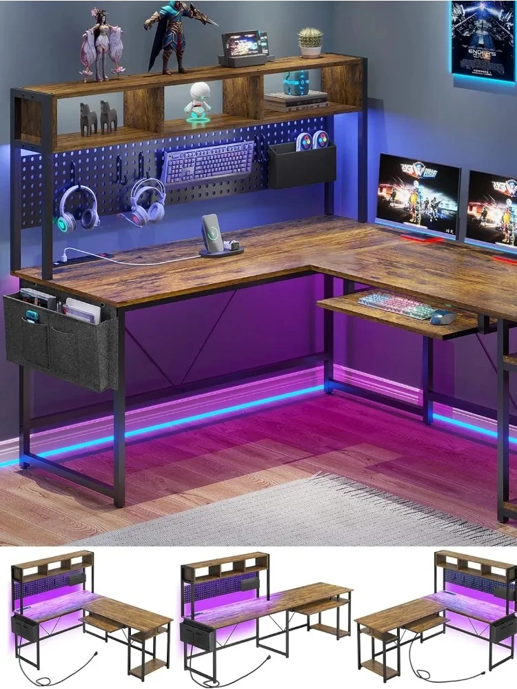 *L Shaped Computer Desk, With Power Outlet And Pegboard, With Led Lights, Keyboard Tray, Storage Shelves, Computer Desk