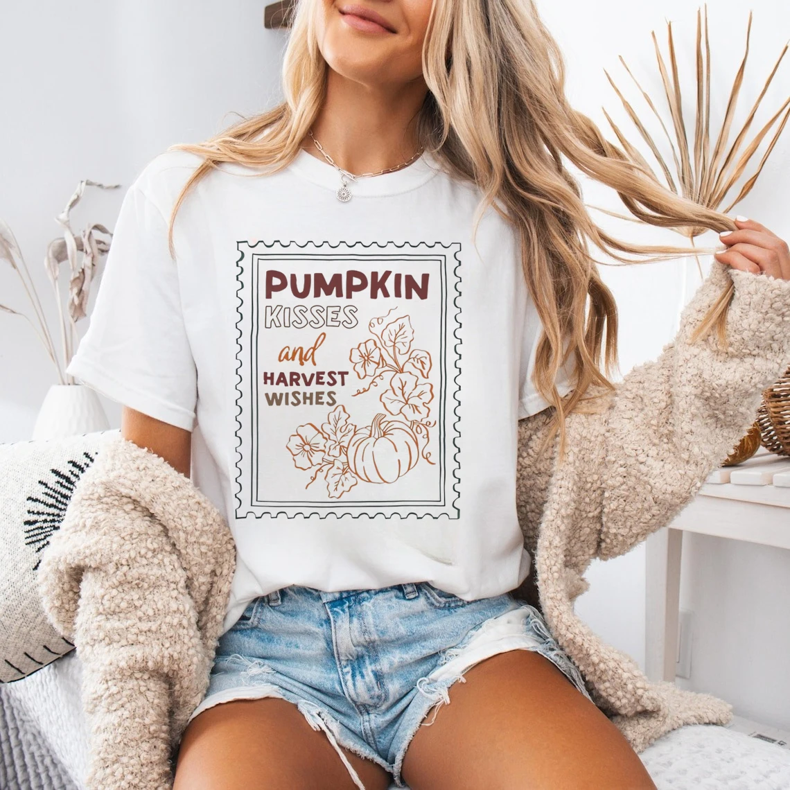 

Pattern Short Sleeved Pumpkin Kisses Harvest Wishes Women's Fashionable T-Shirt Printed Casual Top Halloween Cute Style T-Shirt
