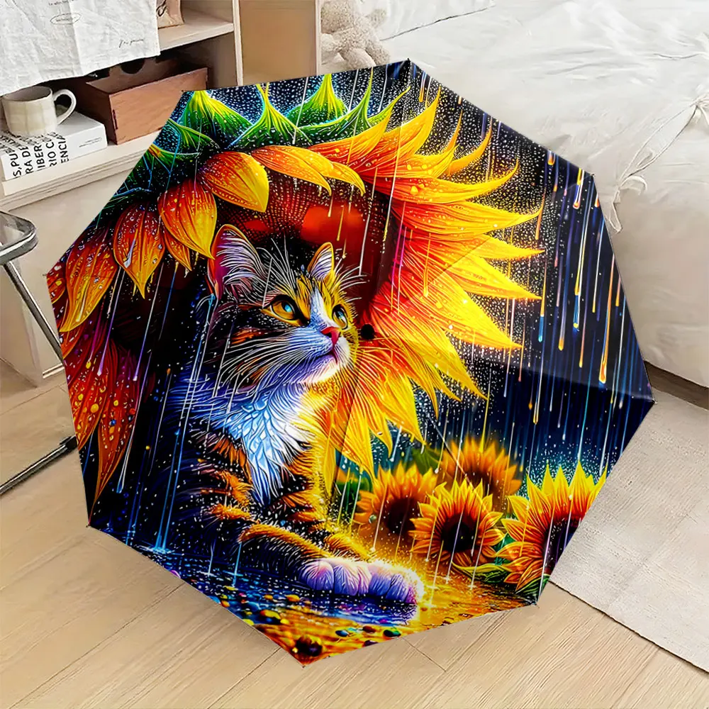 Colorful Cat and Sunflower Design with Rain Drops portable waterproof sun rain umbrella for outdoor travel beach