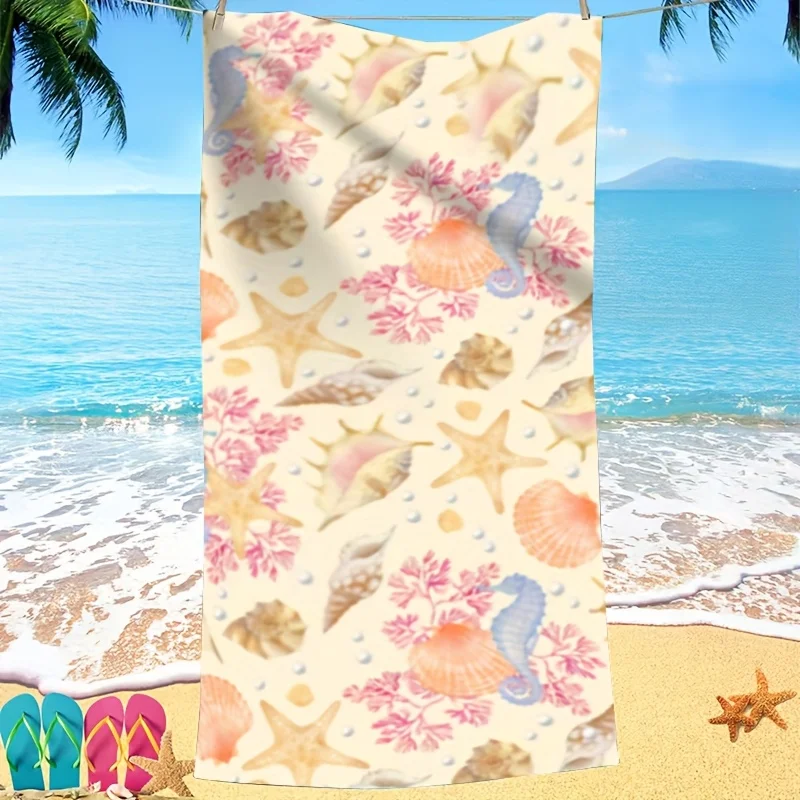 

1pc Colorful Ocean Life Printed Beach Towel, Polyester Fabric, Perfect for the Beach, Pool -Tropical Shells and Starfish Pattern