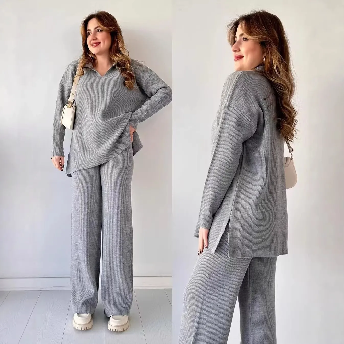 Side Slit Long Sleeve Set Full Length Elegant Commuter with Wrinkle Resistant Finish Casual Regular Sleeve Women Winter Set