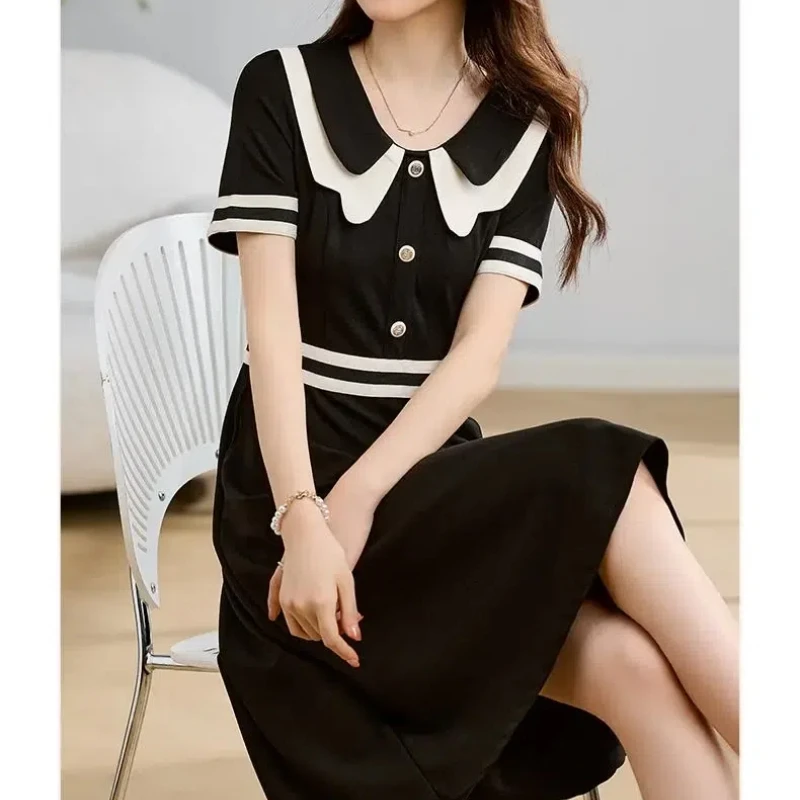 2024 Summer Women\'s New Spliced V-neck Button Zipper Fashion Slim Minimalist Comfortable Casual All Match Short Sleeve Dresses