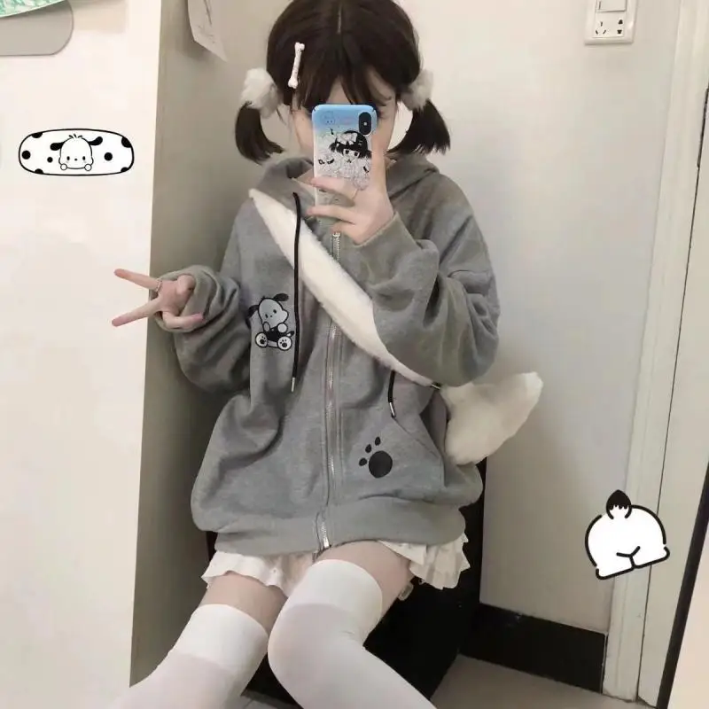 Anime Cartoon Sanrios Pochacco Hooded Sweatshirt Kawaii New Loose Zipper Tops Women Y2K Girl Long Sleeve Thin Sweatshirts Casual