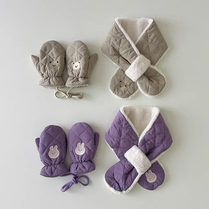 

Bear Baby Winter Scarf Gloves Set 2Pcs Kids Neck Warmer Mittens Skiing Children Gloves Scarves for for Boy Girl Accessories 2-6Y