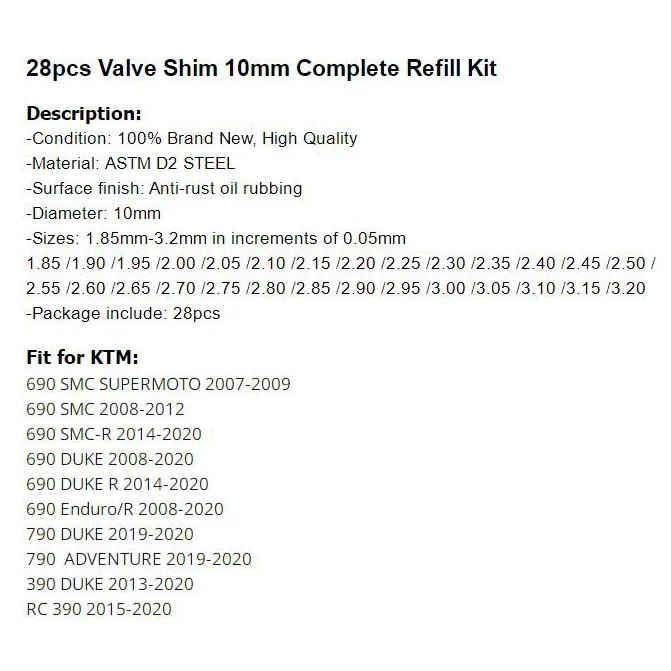 28 sztuk 10 mm zestaw podkładek zaworowych do 690 SMC DUKE Enduro/R 790 950 ADV RC 390 DUKE 990 1190 1290 Części silnika motocyklowego Uszczelka