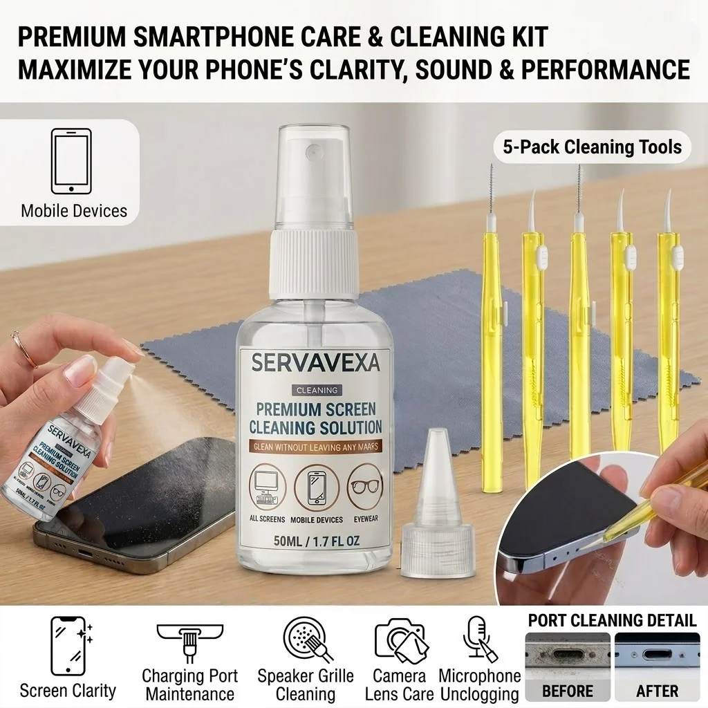 Kit de nettoyage d'écran 7-en-1 avec 5 brosses et chiffon en microfibre pour téléphone, ordinateur portable, clavier, moniteur, tablette, appareil photo