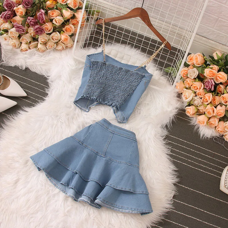 Women Denim Skirts 2pcs Suits Spaghetti Strap Vest Tops + High Waist Pleated Jeans Mini Skirt Clothing Sets Outfits