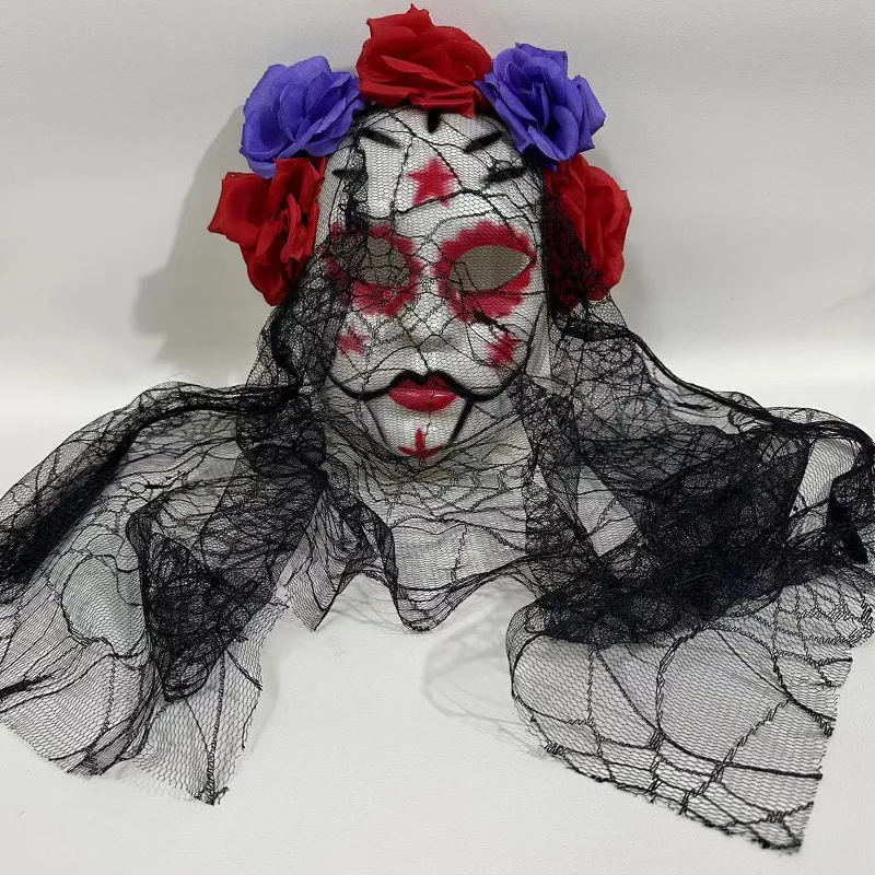 Ghost Bride Full Face Women Masquerade Mask Lace Roses Hair Halloween Scary Funny Cosplay Venetian Party Carnival Prom Ball 2025