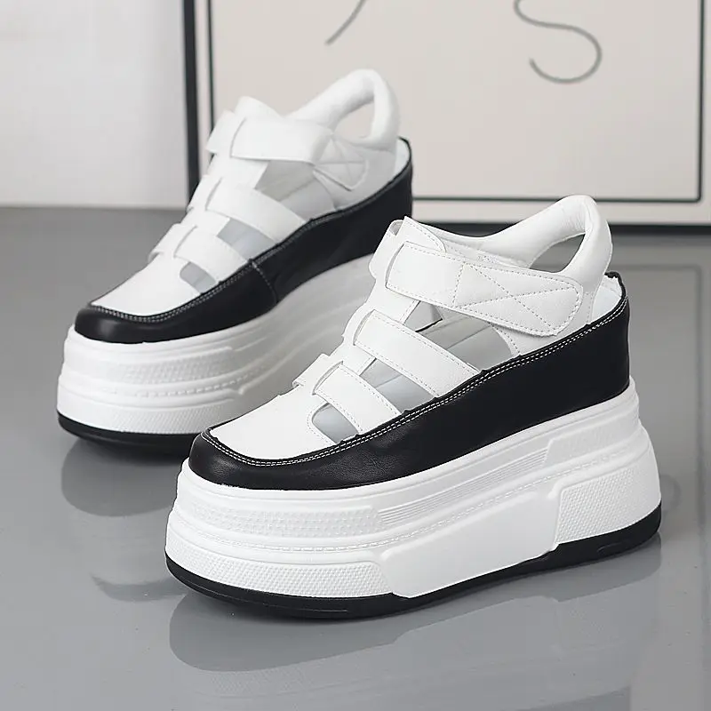 2026 New 10CM Fashion Platform Wedge Flats Summer white Color High Brand Hollow Genuine Leather Women Sandals Shoes Pumps