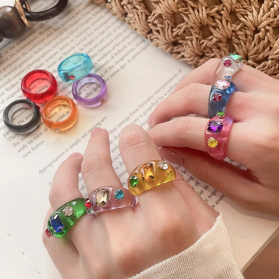 Vintage Rhinestone Jelly Color Girls Acrylic Transparent Resin Rings Finger Ring Fashion Jewelry