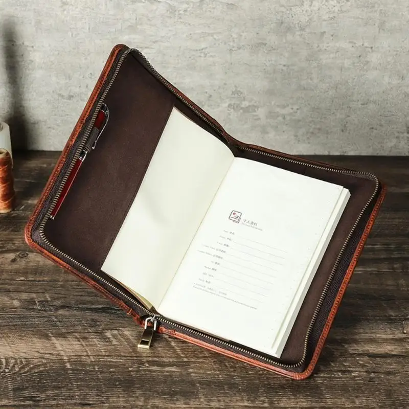 Planner Cover Case for Daily Writing with Brown Leather Exterior, Wraparound Closure, Front Compartment, Pen Loop and for D2RC