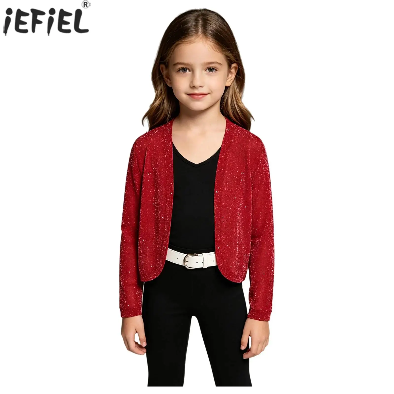 Kids Girls Elegant Cardigan Short Jackets Shimmery Long Sleeve Open Front Bolero Outerwear for Birthday Party Wedding Pageant
