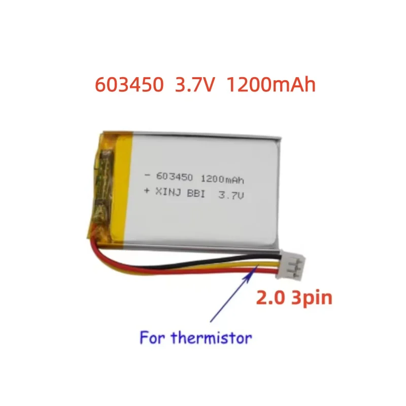 3.7V 1200mAh 4.44Wh Thermistor NTC 3 Wire Polymer Li Lipo Battery 603450 JST 3Pin2.0 Connector For GPS DashCam Hayward AquaPod 2