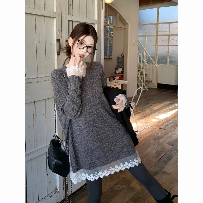 

Designed Lace Stitching V-neck Knitted Women's Winter Loose Slimming Soft Waxy Brushed Thickened Warm Sweater