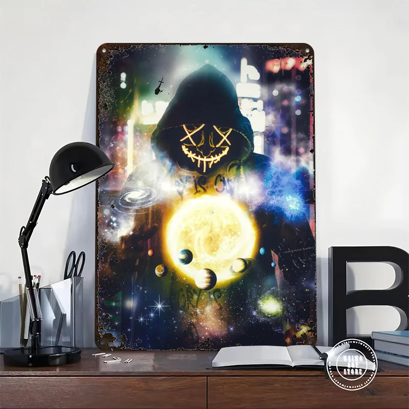 Galaxy Control Neon Mask Printed Poster Customized Retro Wall Art Vintage Metal Tin Signs for Living Room Decoration Desk Decor