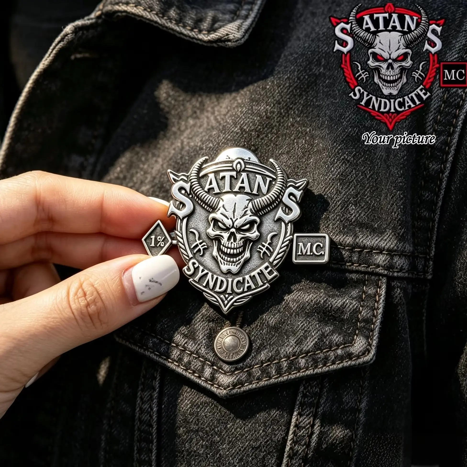 Custom MC 1% Biker Brooch Personalized Fashion Retro Badge for Motorcycle Club Jacket Vest Backpack Punk Gothic Jewelry Gift