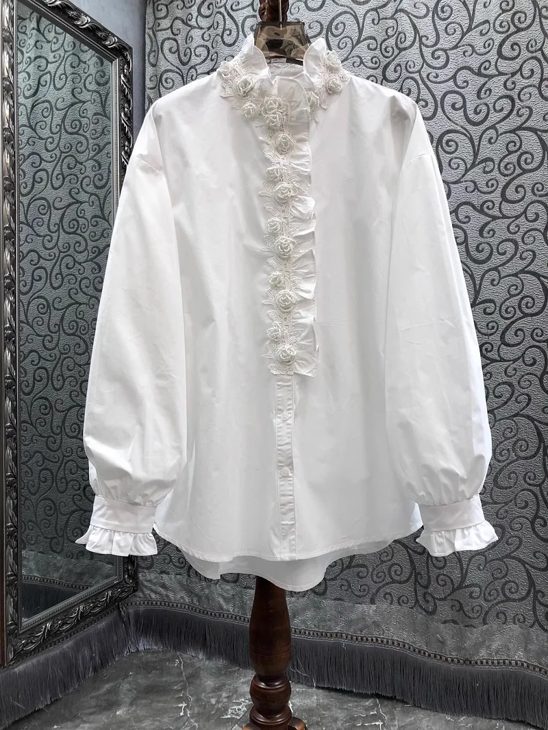 High Quality New Blouse Shirt 2025 Spring Women Ruffle Collar Flower Beading Flower Deco Long Sleeve White Black Loose Shirts