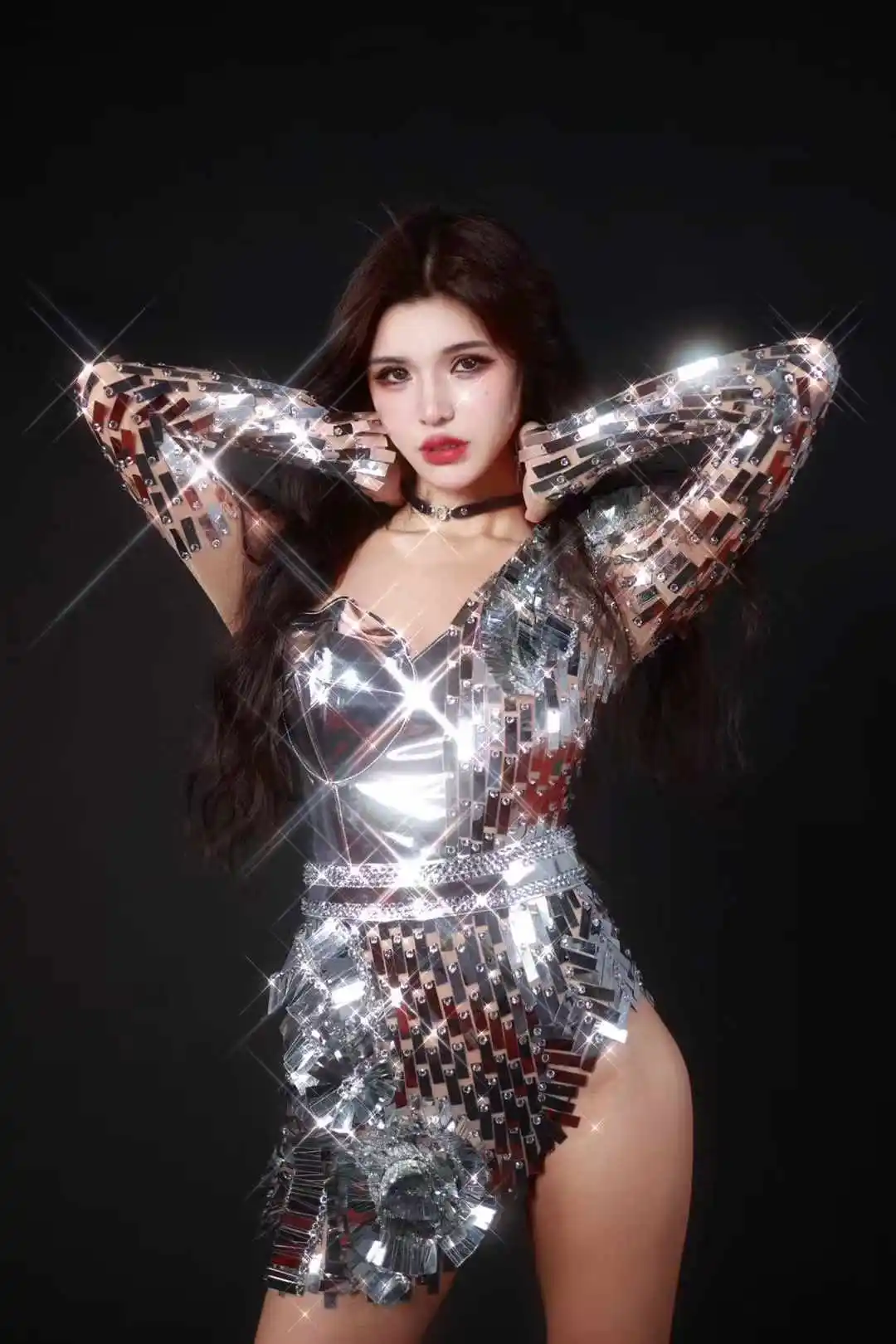 Shinning Sequined Mirror Dress For Women Clubwear Night Outfit Dance Singer Stage Wear Drag Queen Costume Cheerleading Team New