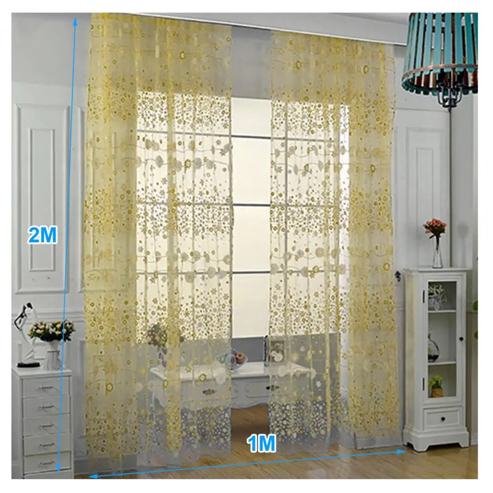Cortina de janela padrão floral para porta, Sheer Window Screening, Painel de Tule Transparente, Varanda Valance, 200x100cm