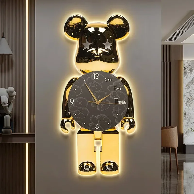 Modern Light Wall Clock Bear Large Led Clocks Wall Home Decor Crystal Silent Wall Watch Interior Lamp Living Room Decoration