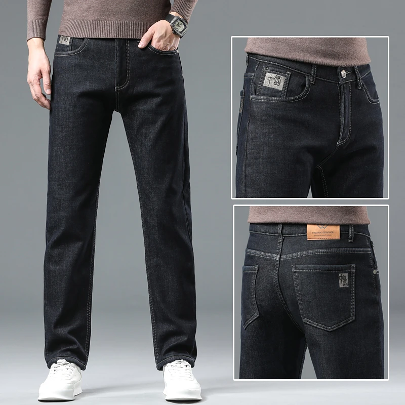 2024 inverno lana di agnello da uomo caldo Jeans Slim Fit Business Fashion addensare pantaloni in Denim pantaloni di marca elasticizzati in pile