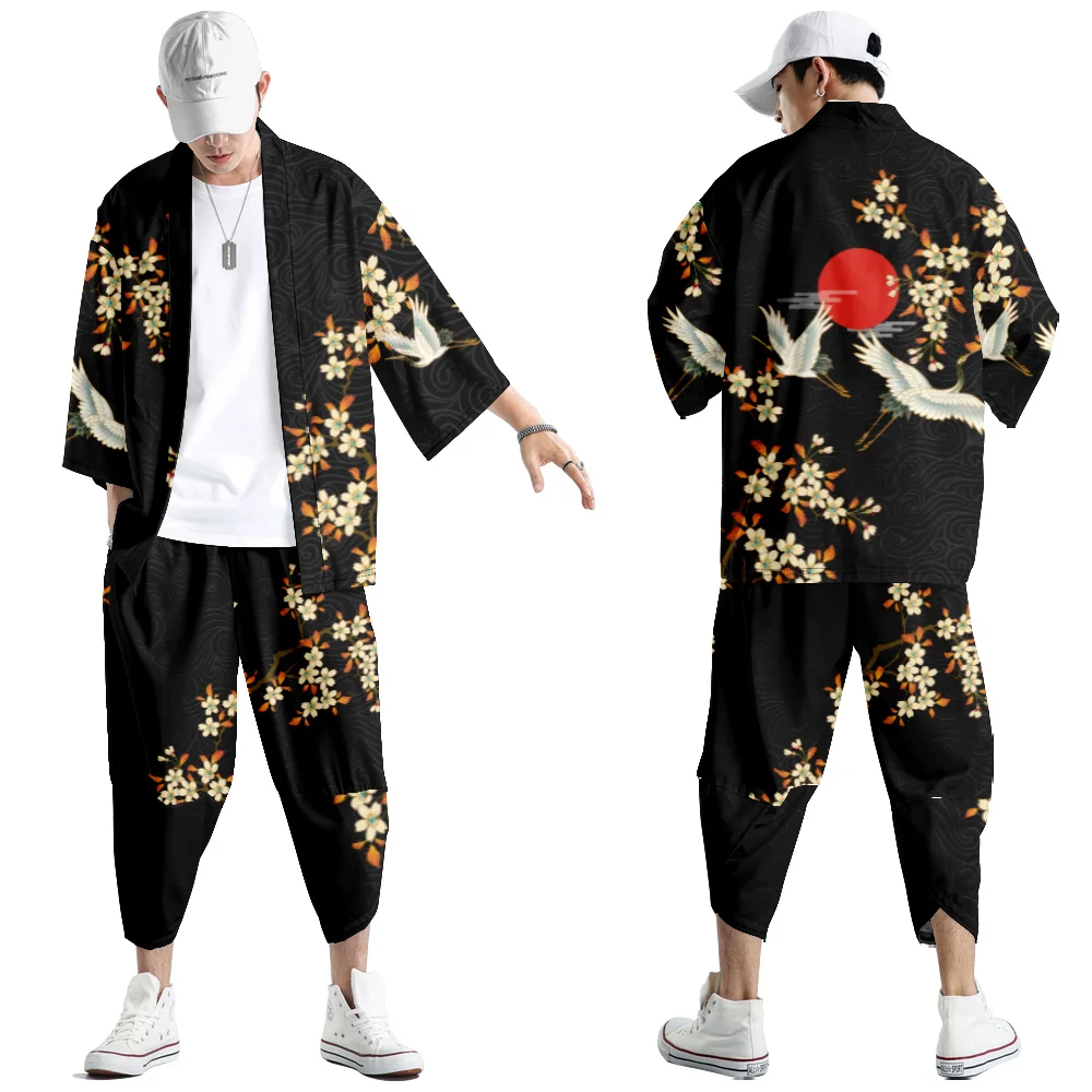 Kanagawa Wave Dragon Crane Japanese Cardigan Women Men Cosplay Yukata Clothing Harajuku Samurai Kimono + Pants Sets