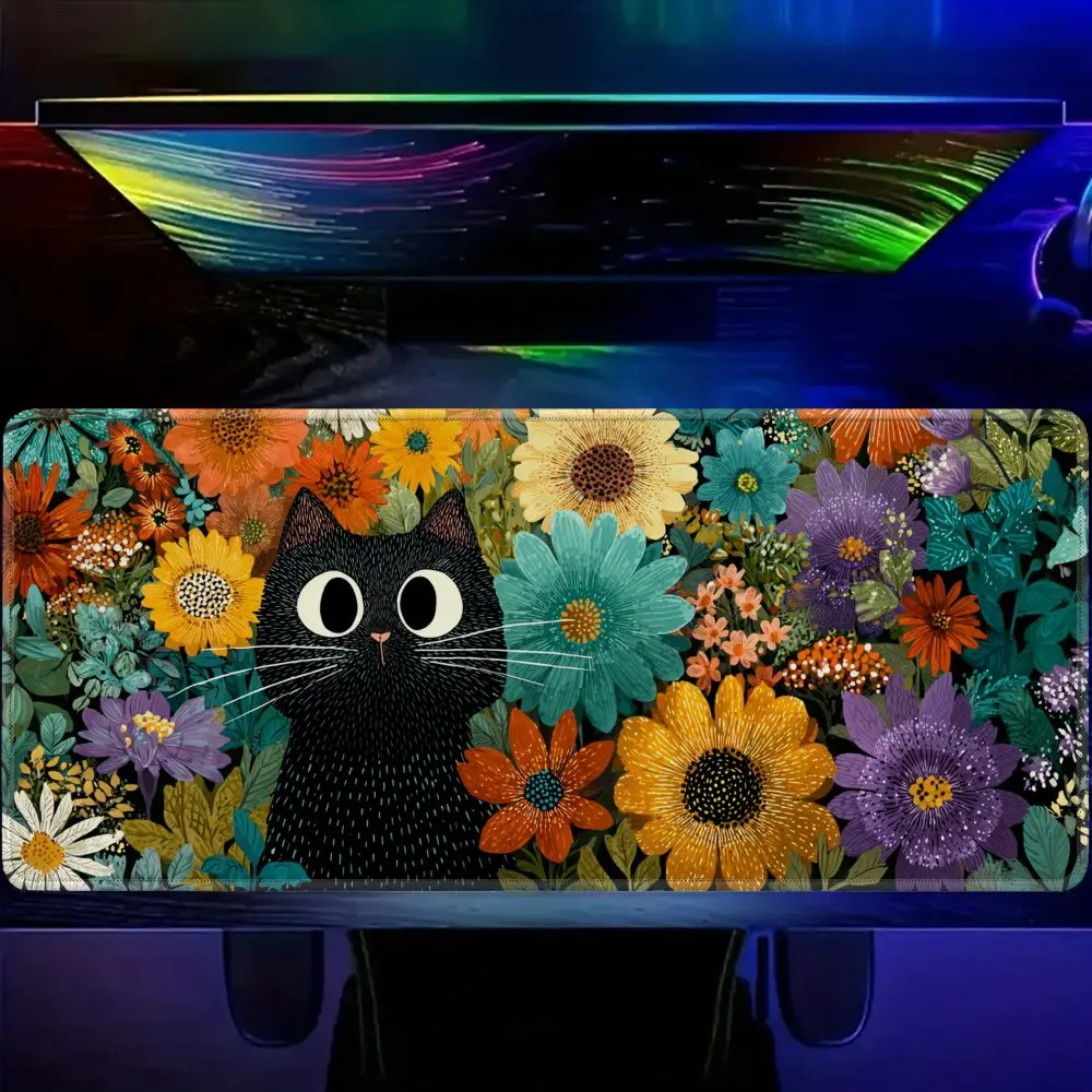 Black Cat in Floral Garden Extended Gaming Mouse Pad Desk Mat Rubber Non Slip for PC Laptop Workstation