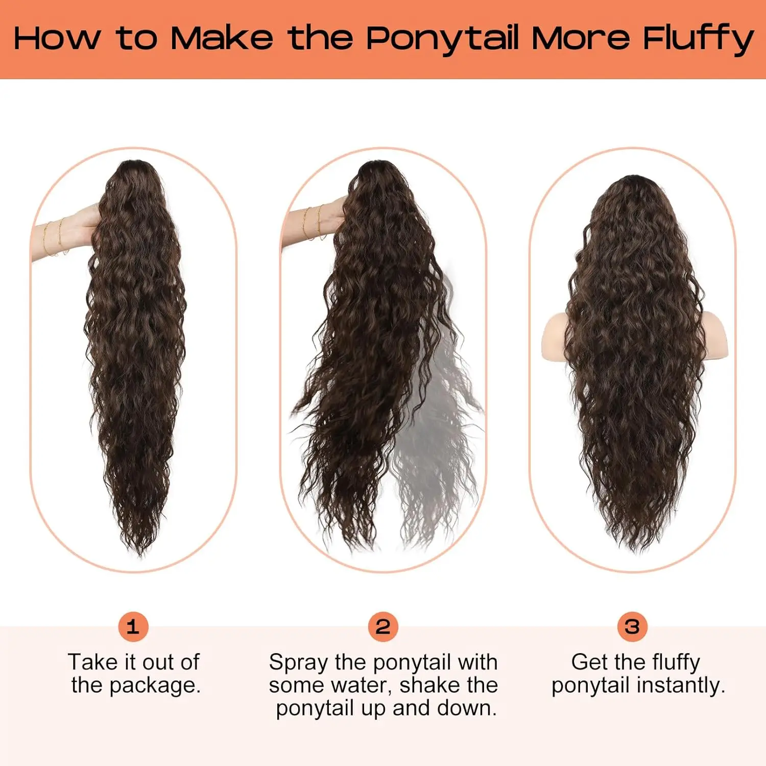 Extensão de cabelo sintético longo, rabo de cavalo encaracolado, 60cm, onda natural, cordão enrolado, clipe no cabelo, preto, peruca para mulheres