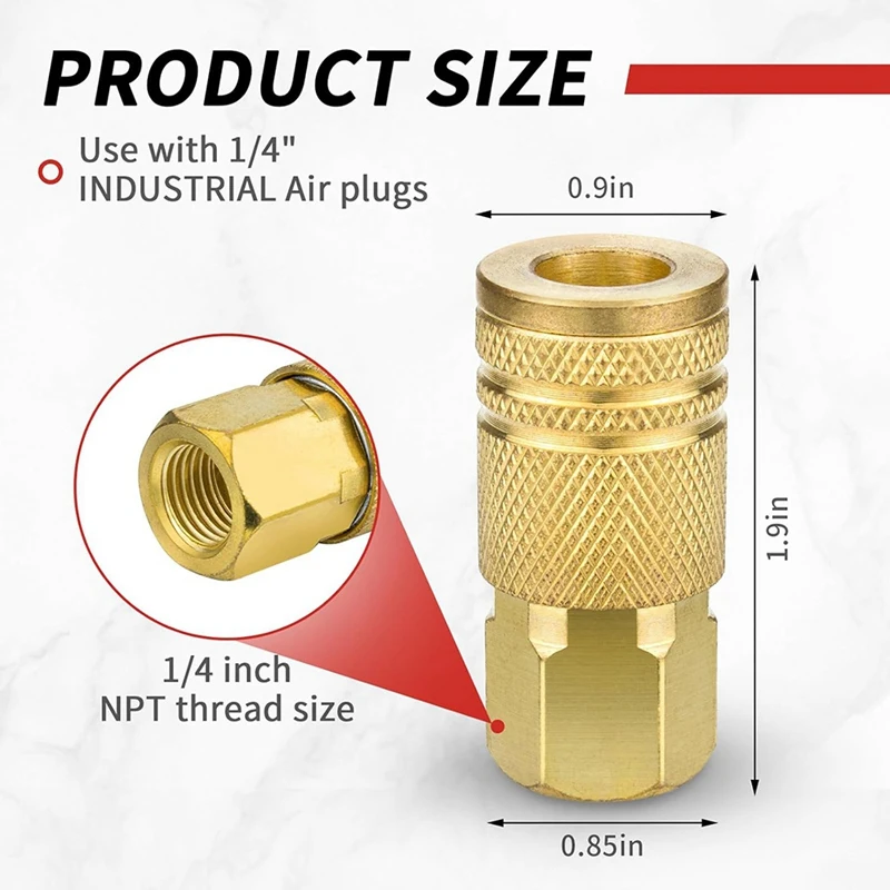 Coupler Industri Wanita Kuningan ABAE-1/4 Inci, 10 Pak Coupler Udara Koneksi Cepat NPT Internal untuk Aksesori Selang Udara