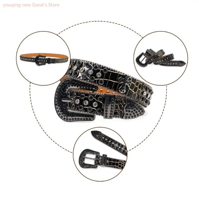 

49ME Blingbling Rhinestones Waist Belt Studded Buckle Waist Costumes Rhinestones Heavy Duty for Jeans Pants