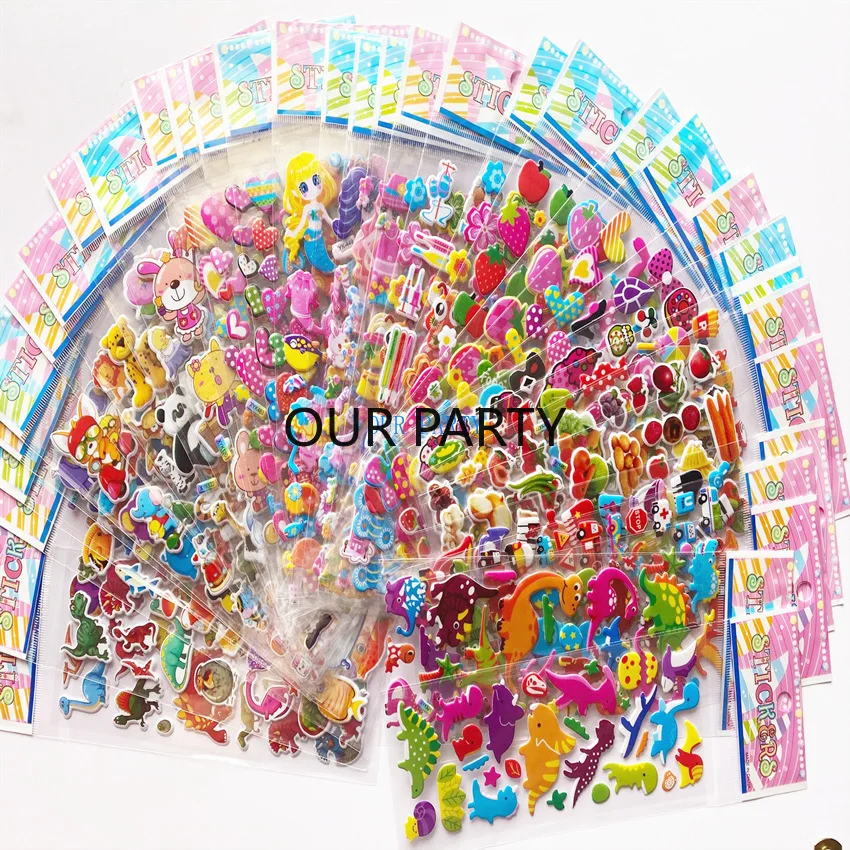 20 Sheets 3D Bubble Mix Stickers Princess Car Animals Waterpoof Sticker Toys for Kids Birthday Party Favors Kindergarten Rewards