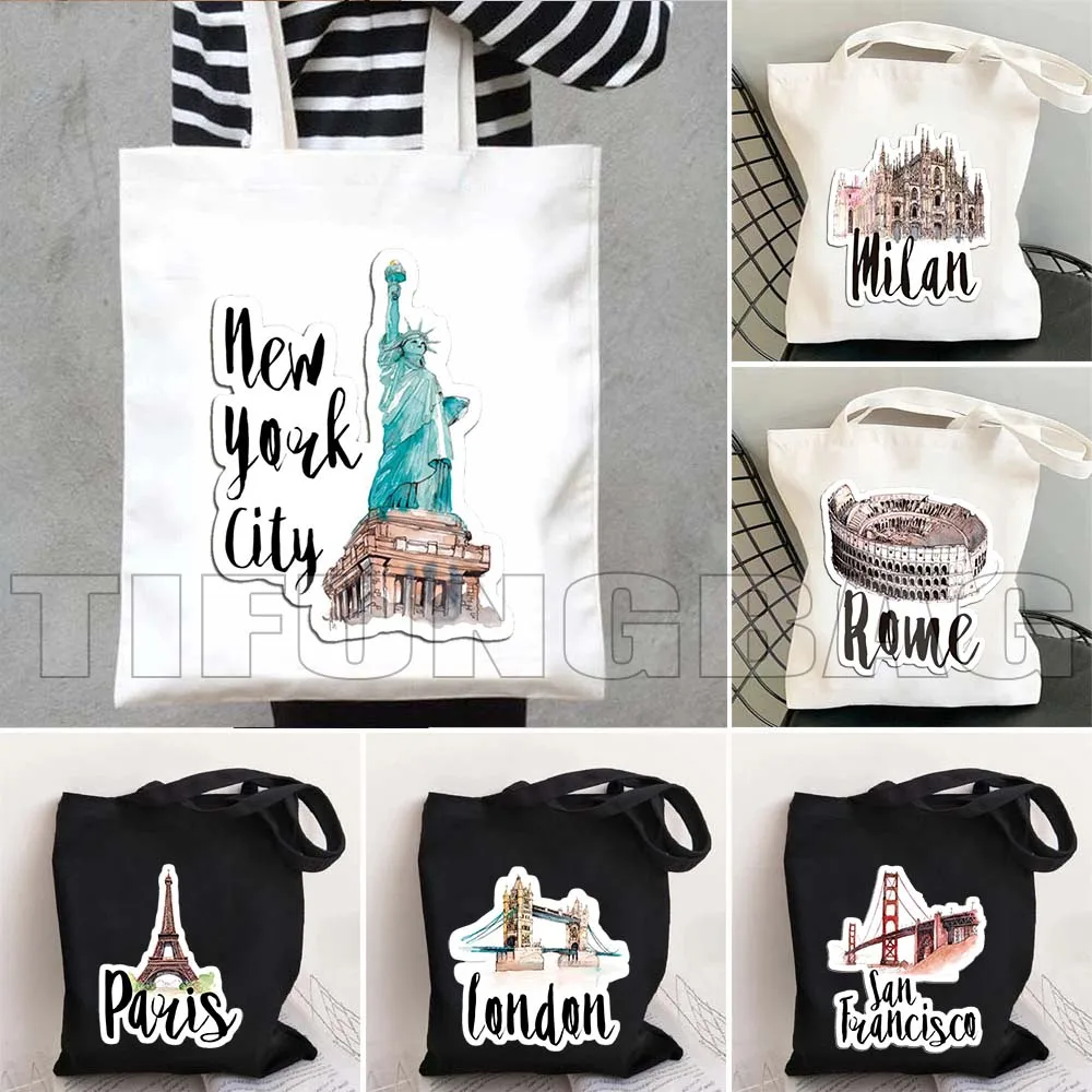 Milan Moscow Netherlands New York Paris Taj Mahal Egypt Rome San Francisco Berlin London Women Canvas Tote Bag Shopper Handbag