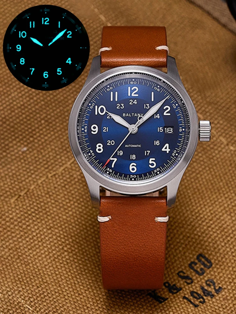 Imagem -02 - Baltany-vintage Relógio Automático Militar Masculino 39 mm Retro Nh35 Relógios de Pulso Mecânicos Esportes Piloto Relógios Luminosos Homenagem