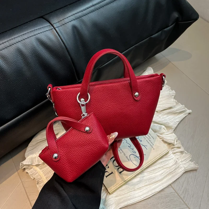 

2 PCS Handbag Classic Women Bag High Quality Pu Leather Shoulder Bag Red Black Silver Lady Bag Fashion Commute Tote bolso mujer
