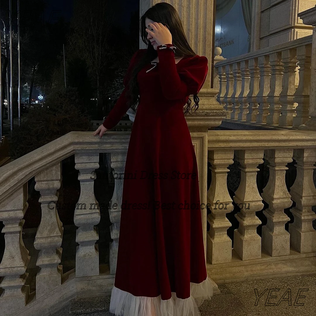 

Santorini Burgundy A Line Dresses Evening Banquet Women Wear Long Sleeves Bows Christmas Party Floor Length Princess Prom Dress