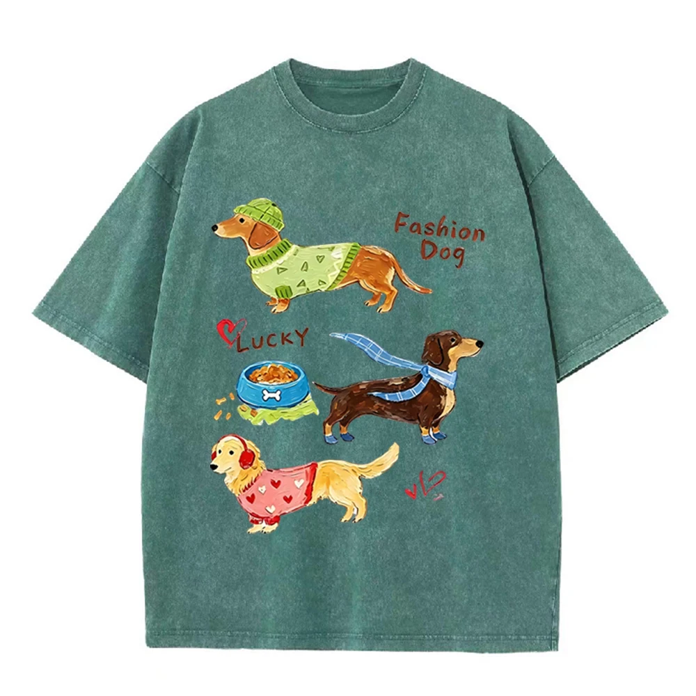 2026 Vintage Washed Beige Cartoon Dachshund Golden Retriever Graphic T Shirt Fashion Dog Print Oversized Casual Short Sleeve Tee