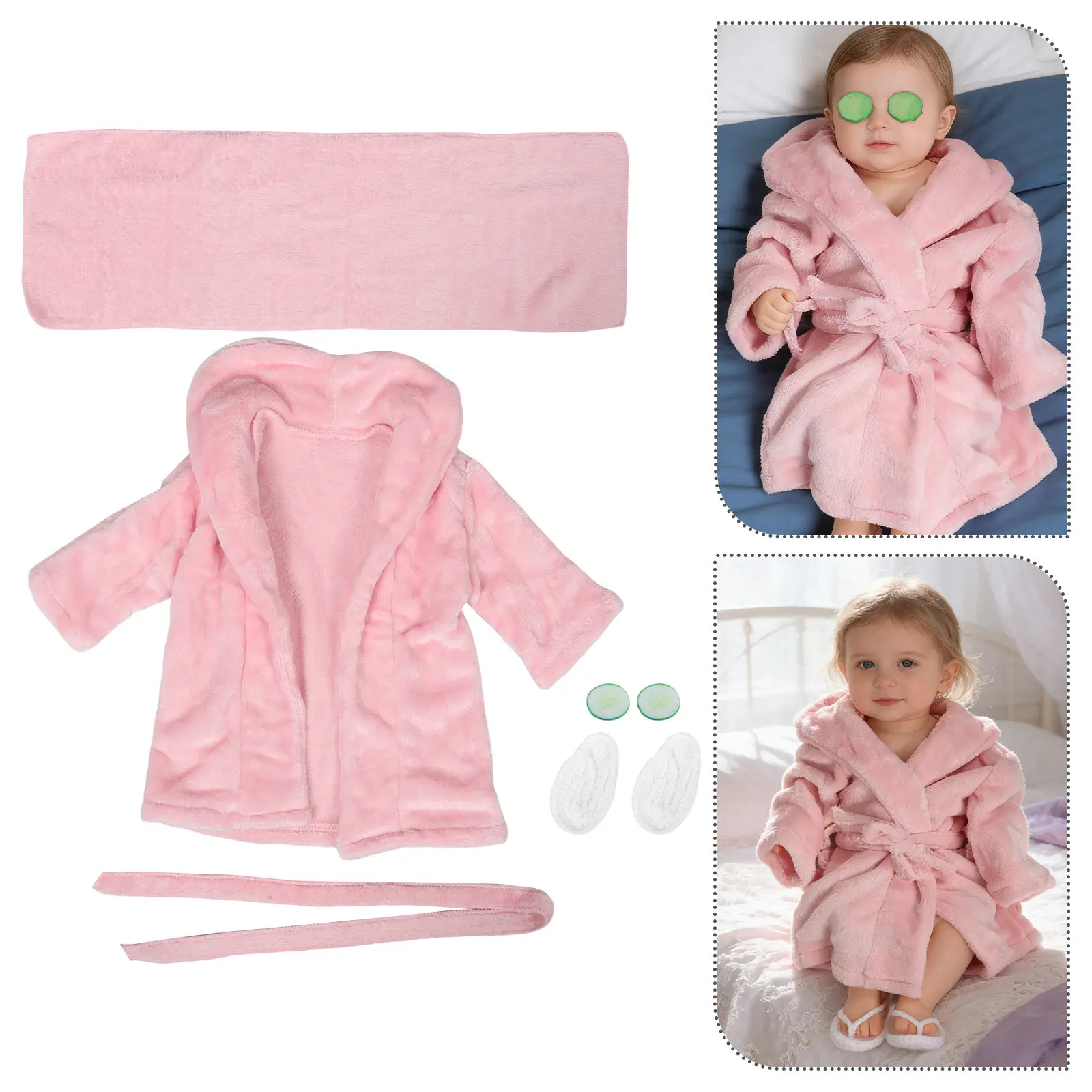 Pink Newborn Baby Girl Bathrobe Set with Hooded Towel & Slippers, Soft Coral Fleece Photography Prop