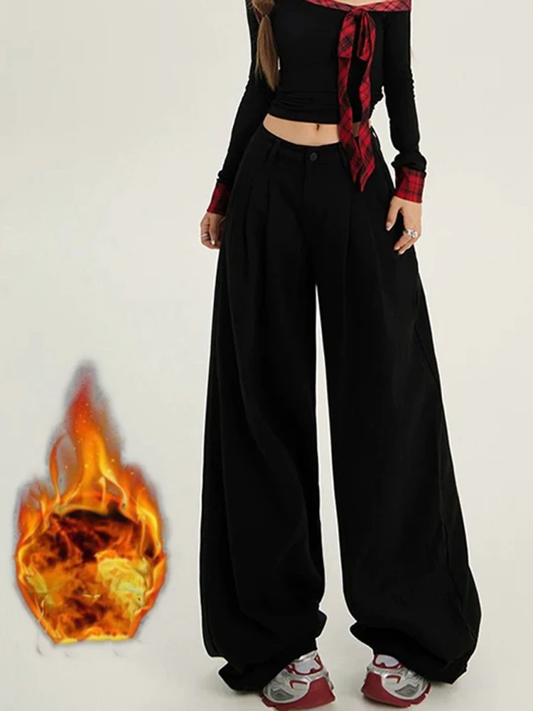 

Women Y2K Fleece Jeans Pants Wide Leg High Waist Thick Black Loose Straight Winter Trousers