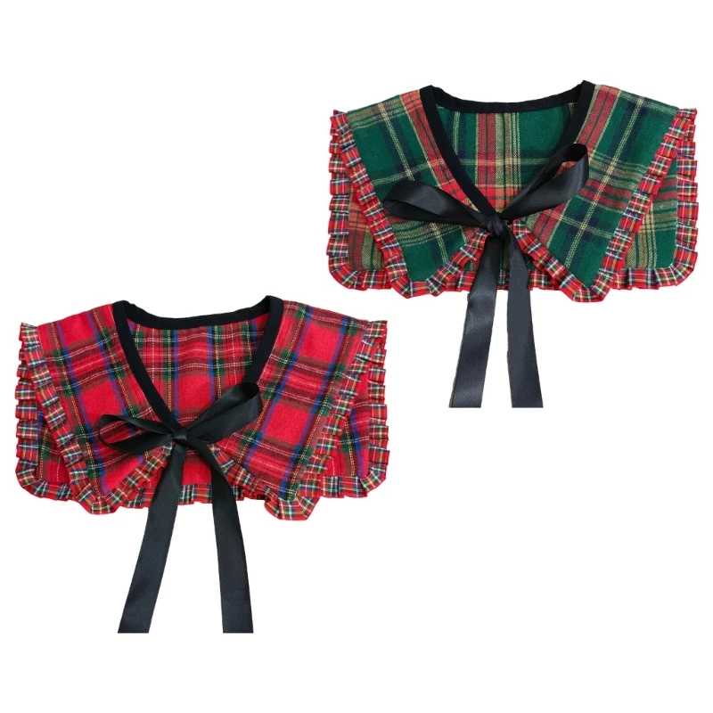 Vintage Plaids Checkered False Collar for Women Fashion Bows Tie Shawl Wrap Sweet Ruffled Trim Detachable Capelet Scarf K3KF