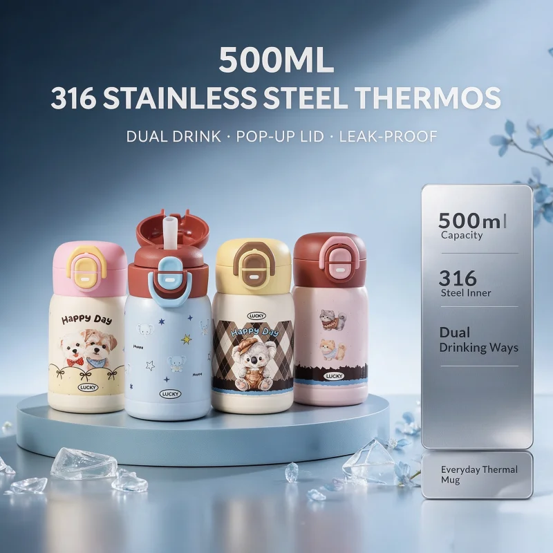Cute Cat Pattern Thermal Cup 500ml Animal Color Water Bottle Stainless Steel Car Vacuum Flask Sports Bottle Halloween Christmas