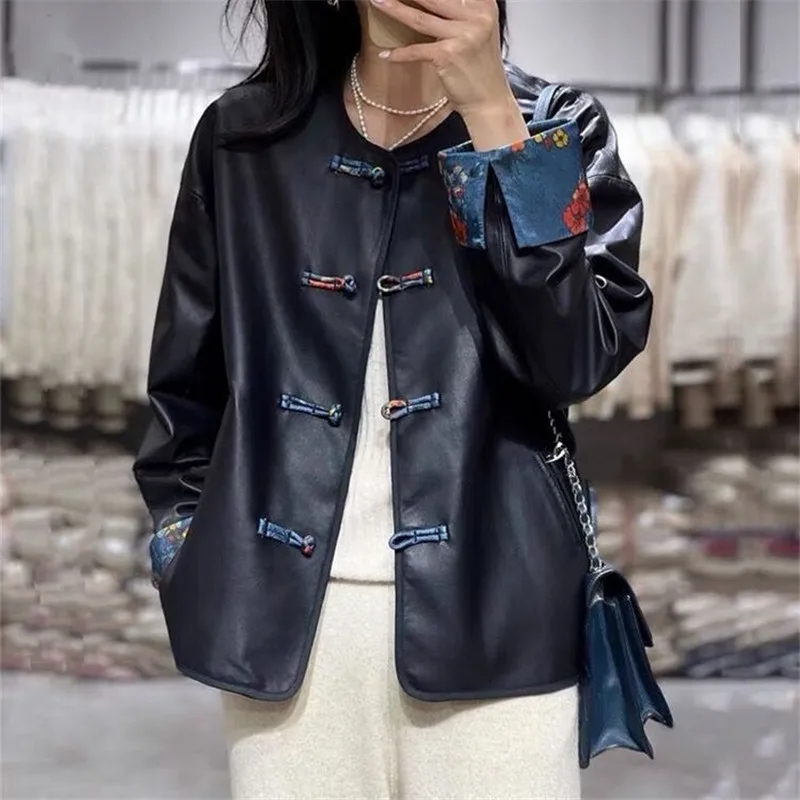 Chinese Style Leather Jacket Women Long Sleeve Flower Printed Coat Winter Loose Buckle Button O-neck Tops Fashion Thin Outerwear