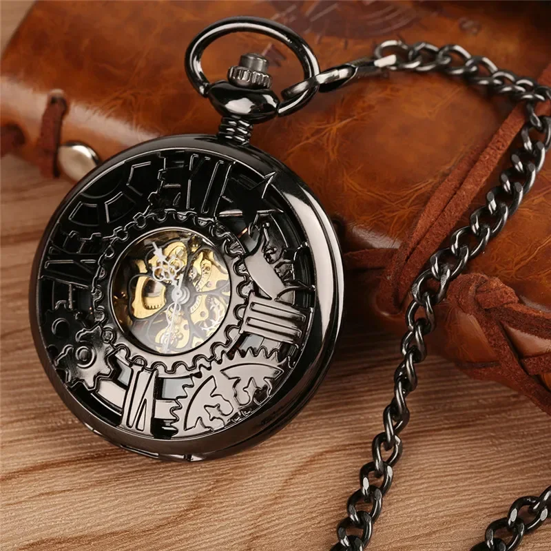 Steampunk الجوف والعتاد حالة الرجال النساء Handwinding الميكانيكية ساعة جيب سلسلة بدلاية الهيكل العظمي ساعة الرقم الروماني نصف هنتر
