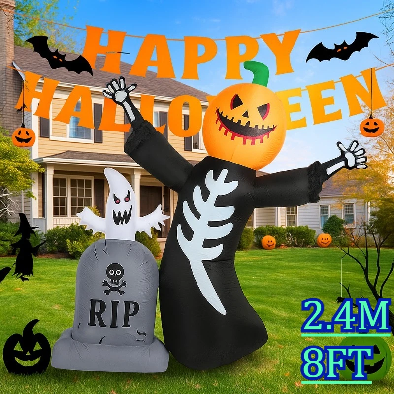 

8FT Halloween Holiday Lighting Inflatable Toy Built in LED Lights Pumpkin Skull Ghost Decorations Garden Yard Lawn Grove Decor
