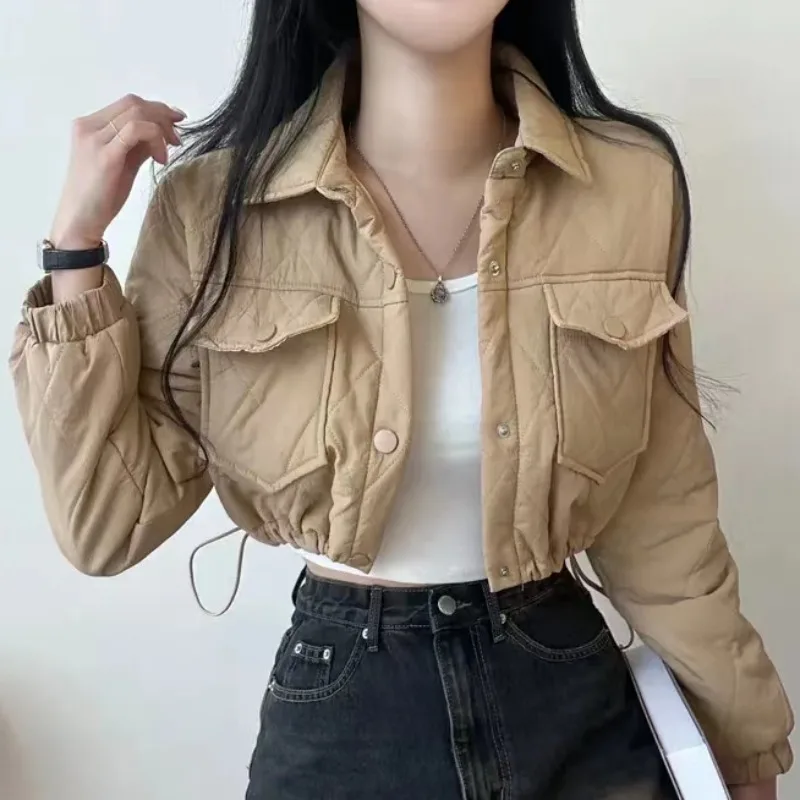 

Chic Autumn Winter ort Loose Cotton Jaet Women's Long Sve Coat Stand Collar Dstring Waist Design Anti-Aging Trendy