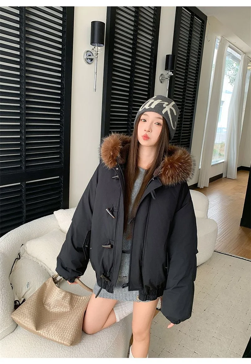 Warm Down jacket Ladies Pai Overcome Winter 2026 New Cotton Padded Coat Women Parkas Horn Hooded Outcoat Big fur collar Overcoat