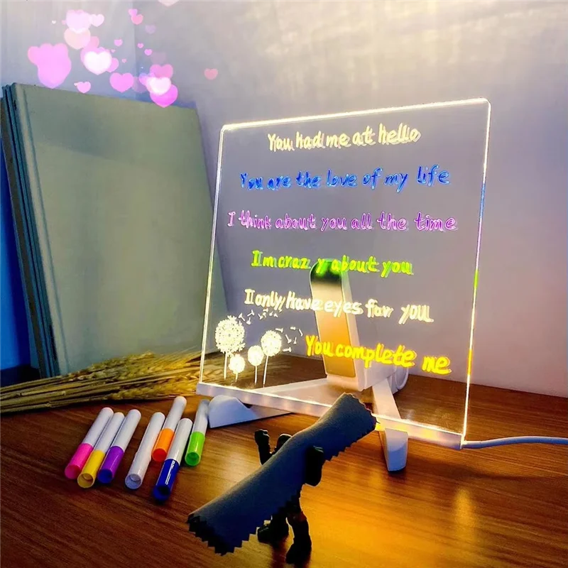 Qy-Light Up لوحة رسائل أكريليك قابلة لإعادة الكتابة لتقوم بها بنفسك لوحة رسم متوهجة للأطفال مصباح رسالة مع 7 أقلام ملونة 15*15 سنتيمتر