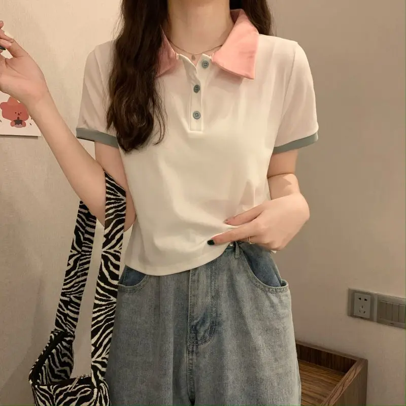 

Women Sweet Spicy Style Short Sleeve Top Ins Summer New Design Sense Niche Polo Collar Short Length Age Reducing Student Tee